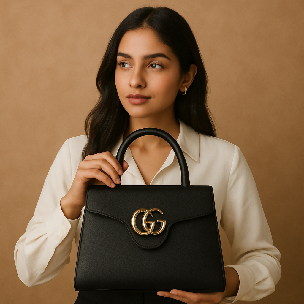 Premium Black Leather Handbag with Golden GG Logo | Luxury Women's Purse