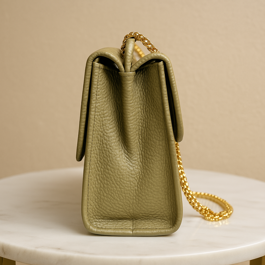 Olive Green Quilted Leather Handbag – Stylish Flap Shoulder Bag with Gold Chain