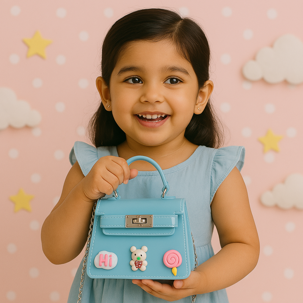 Glossy Light Blue Mini Kids Purse with Bear & Lollipop Charms – Cute Trapezoid Handbag with Chain Strap
