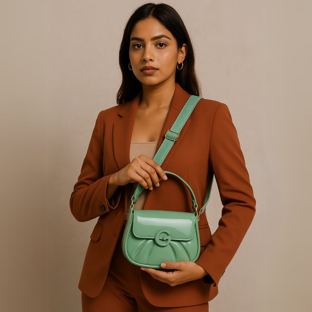 Mint Green Glossy Handbag with G Buckle – Stylish Pastel Shoulder Purse