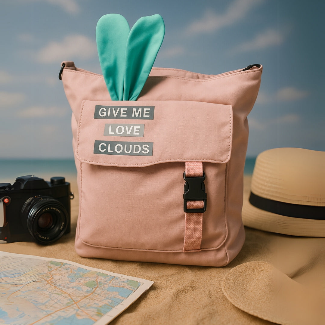 Dusty Pink “Give Me Love Clouds” Backpack – Cute Bunny Ear Travel Bag