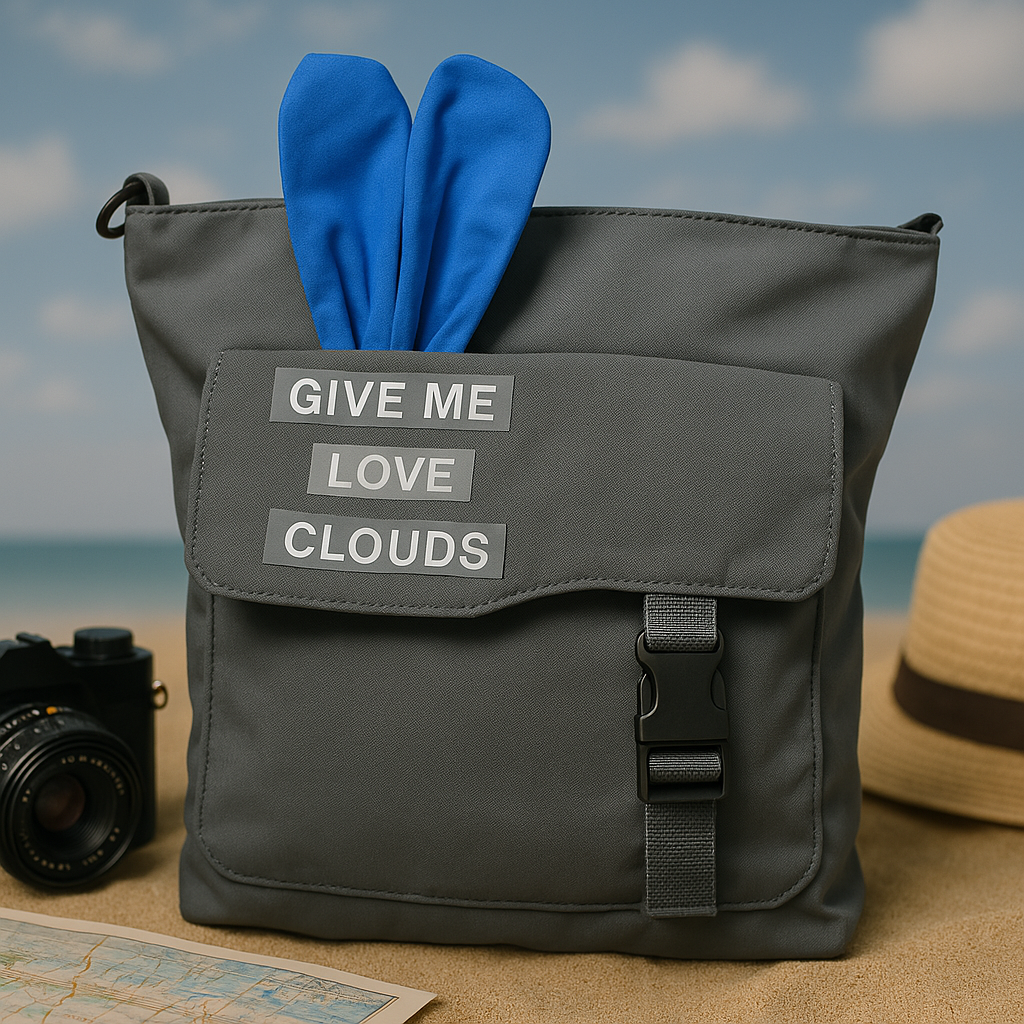 Gray "Give Me Love Clouds" Backpack with Blue Bunny Ears – Travel Cute Canvas Bag
