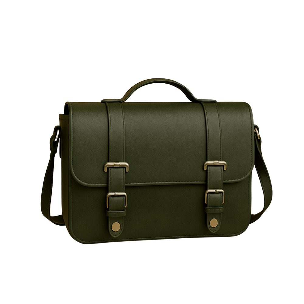Stylish Olive Green Leather Satchel with Buckle Straps | Unisex Messenger Bag