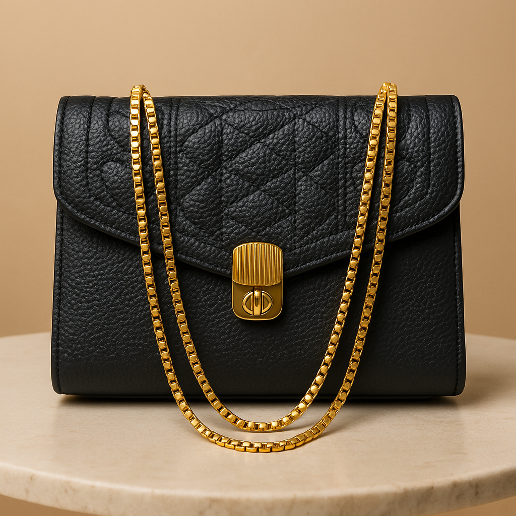 Black Quilted Leather Shoulder Bag – Gold Chain Sling Bag for Women