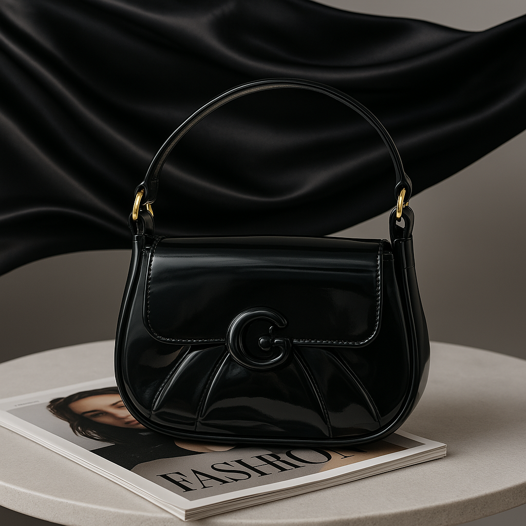 Black Glossy Pleated Handbag with G Logo – Chic and Versatile Purse