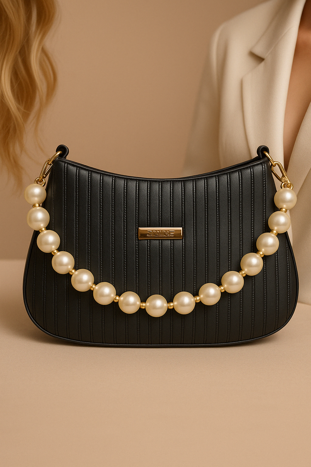 Taupe Pearl Strap Sling Bag - Elegant Shoulder Handbag for Women