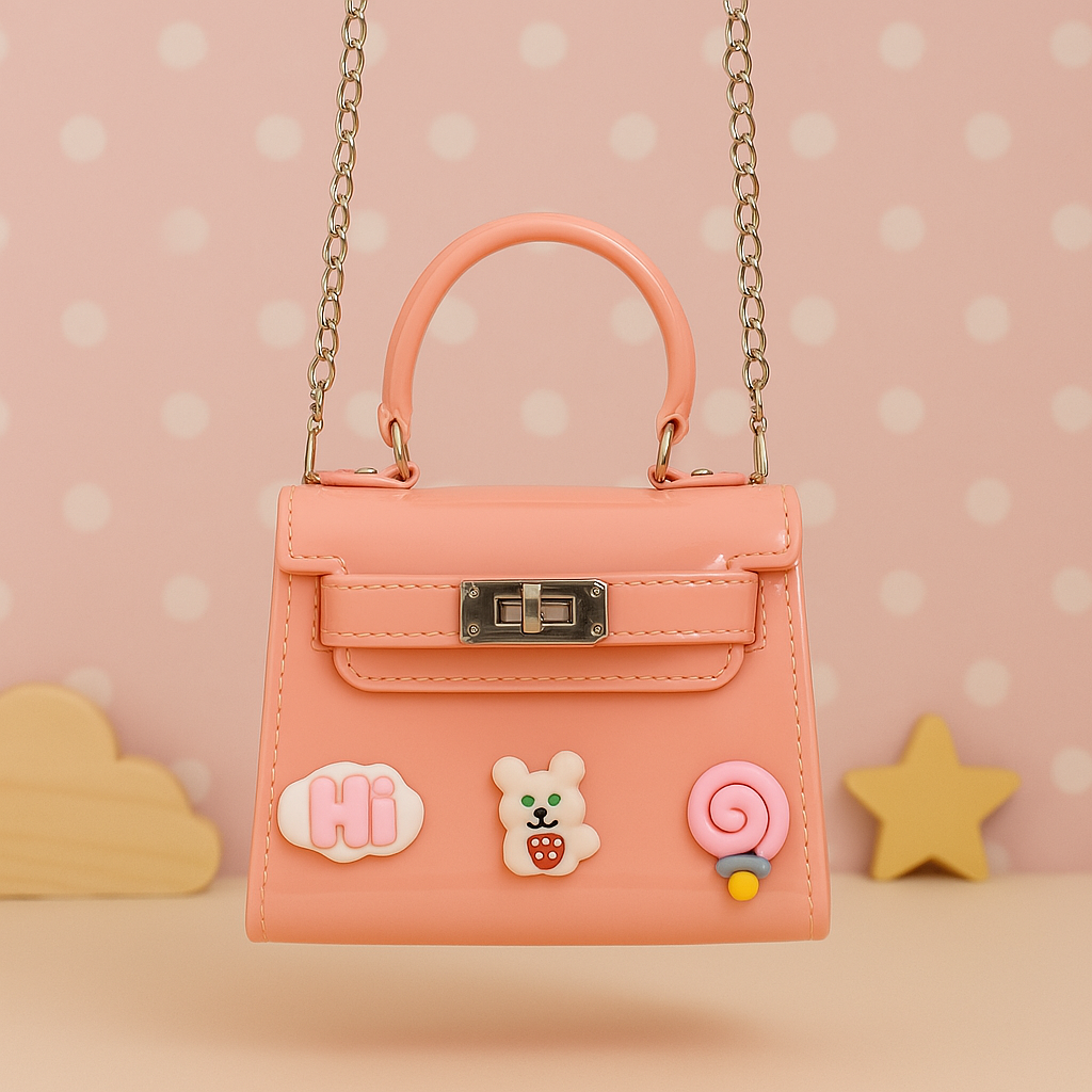 Peachy Pink Mini Kids Purse – Glossy Trapezoid Handbag with Fun Bear & Candy Charms