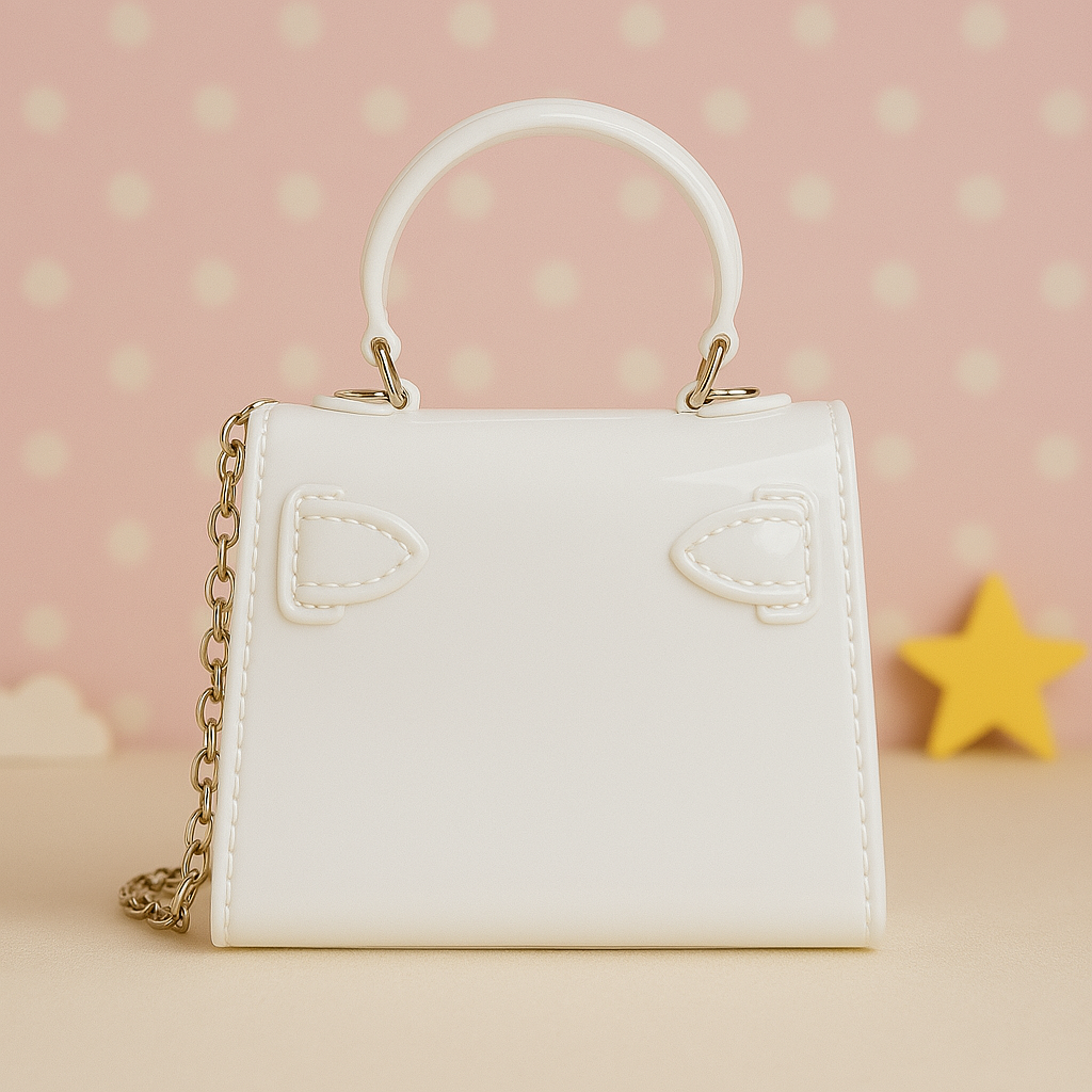 Ivory White Glossy Mini Purse for Kids – Cute Bear, Cloud & Lollipop Details with Chain Strap