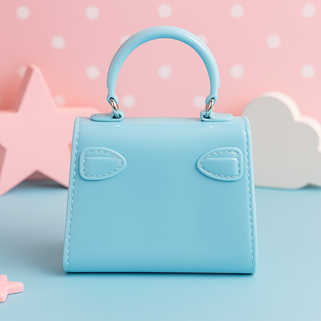 Glossy Light Blue Mini Kids Purse with Bear & Lollipop Charms – Cute Trapezoid Handbag with Chain Strap