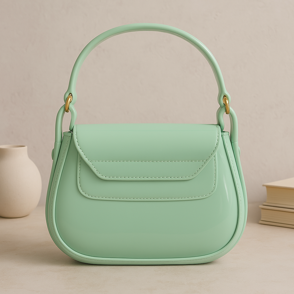 Mint Green Glossy Handbag with G Buckle – Stylish Pastel Shoulder Purse