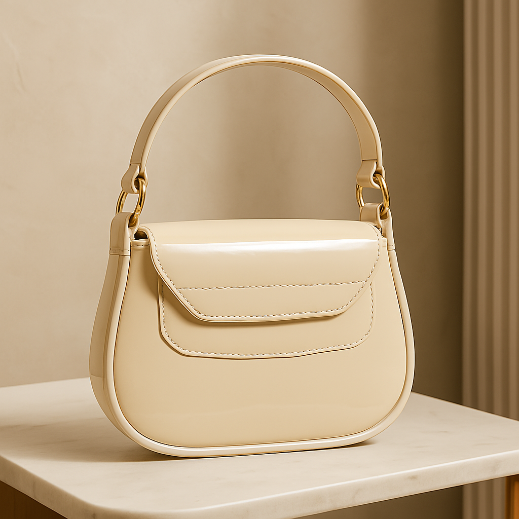Beige Glossy Patent Leather Handbag with G Buckle – Elegant Everyday Purse