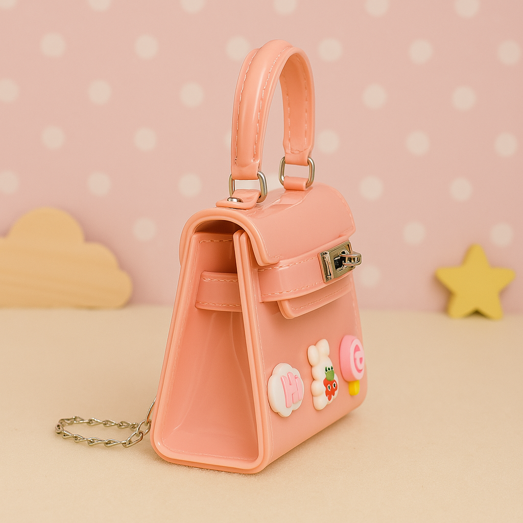 Peachy Pink Mini Kids Purse – Glossy Trapezoid Handbag with Fun Bear & Candy Charms