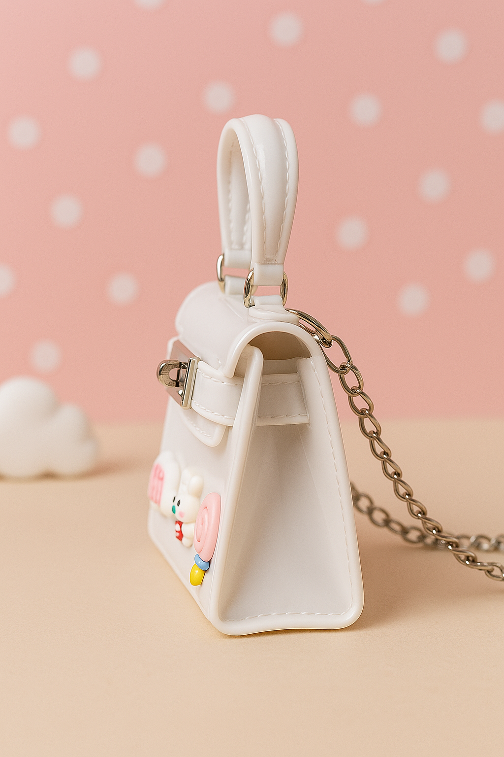 Ivory White Glossy Mini Purse for Kids – Cute Bear, Cloud & Lollipop Details with Chain Strap