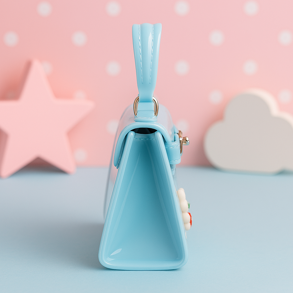 Glossy Light Blue Mini Kids Purse with Bear & Lollipop Charms – Cute Trapezoid Handbag with Chain Strap