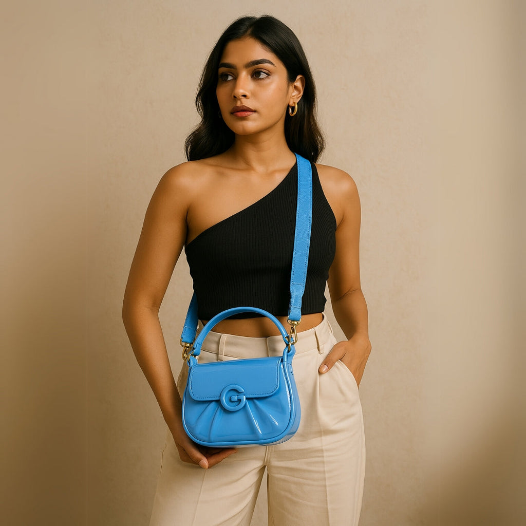 Sky Blue Glossy Shoulder Bag with Signature G Clasp – Fresh & Trendy