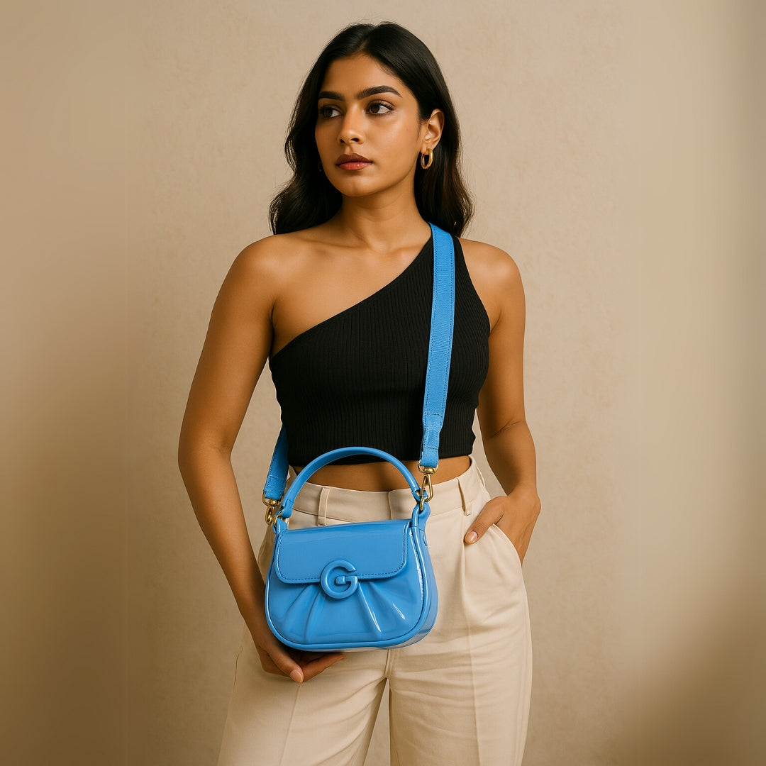 Sky Blue Glossy Shoulder Bag with Signature G Clasp – Fresh & Trendy