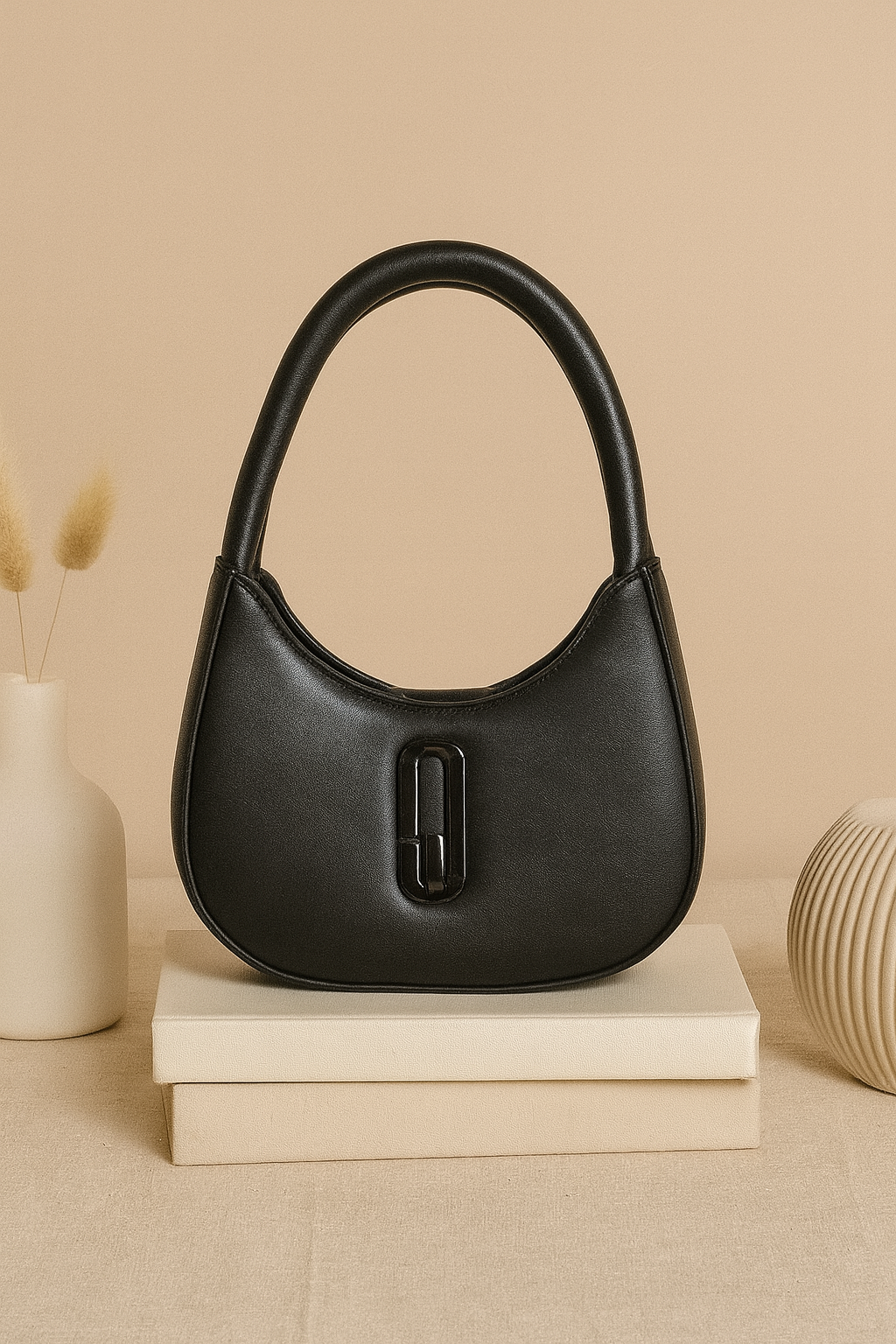 Black Oval Shoulder Bag for Women - Premium PU Leather Stylish Handbag