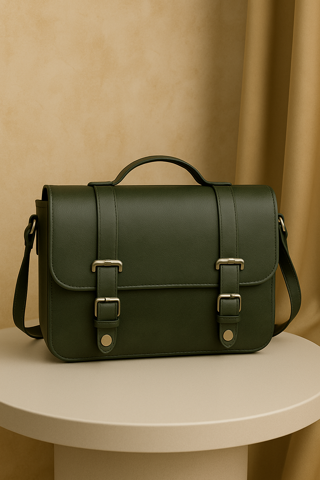 Stylish Olive Green Leather Satchel with Buckle Straps | Unisex Messenger Bag