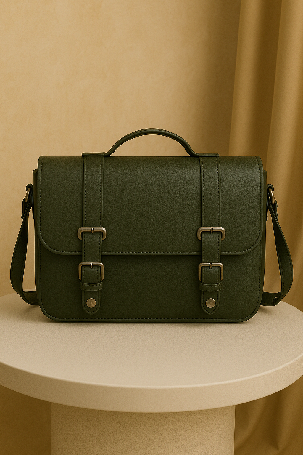 Stylish Olive Green Leather Satchel with Buckle Straps | Unisex Messenger Bag