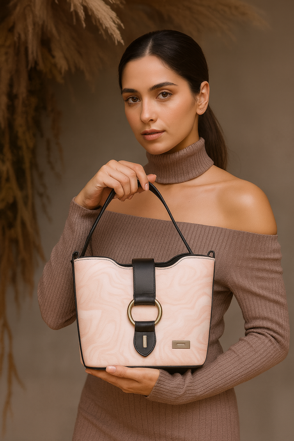 Trendy Black Tote Bag for Women – PU Leather Shoulder Bag with Metal Ring Design