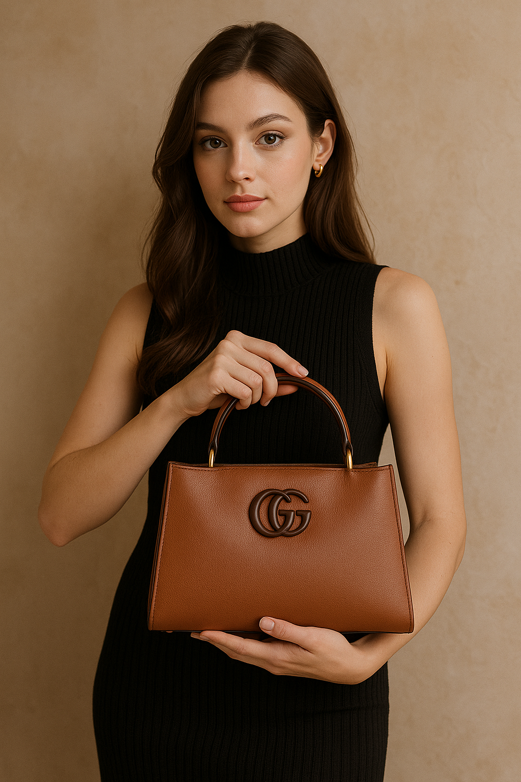 Premium Black Leather Handbag with Golden GG Logo | Luxury Women's Purse