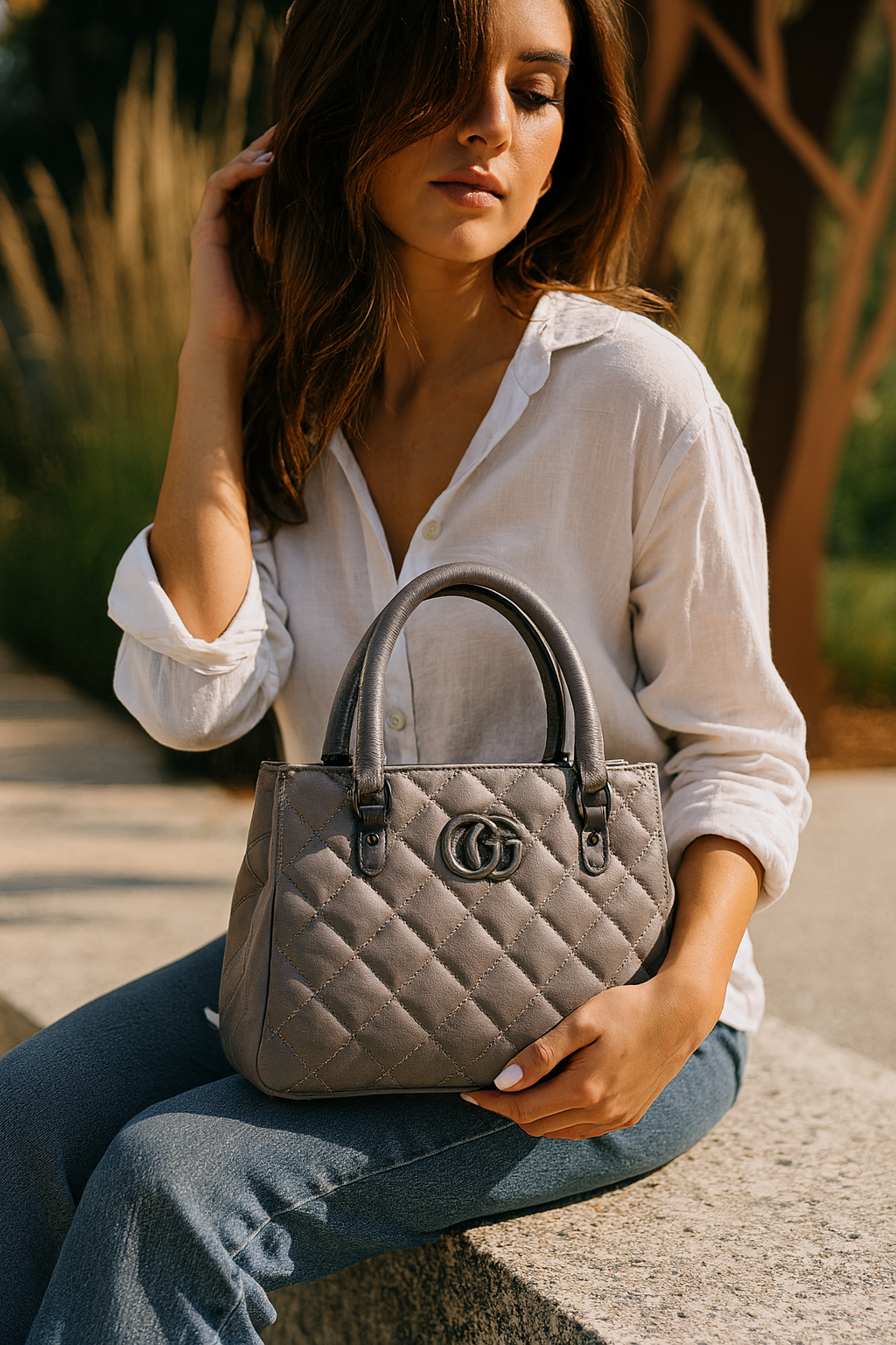 Elegant Quilted Taupe Leather Handbag with GG Logo | Luxury Women's Tote