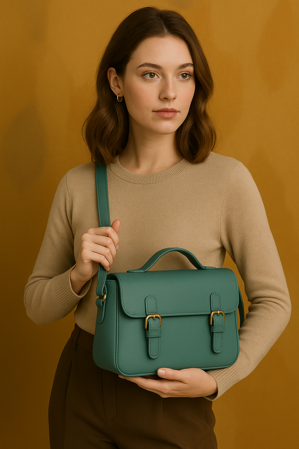 Stylish Olive Green Leather Satchel with Buckle Straps | Unisex Messenger Bag