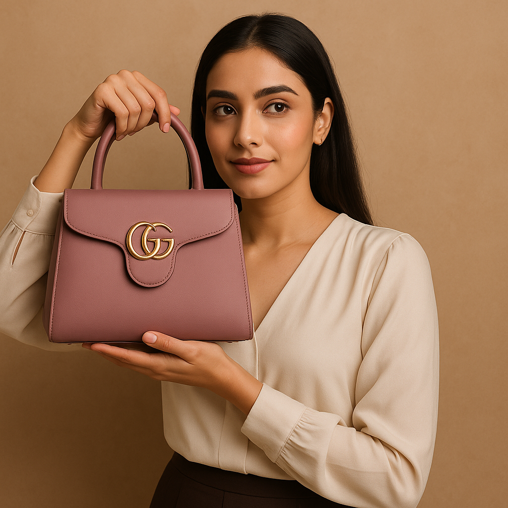 Premium Black Leather Handbag with Golden GG Logo | Luxury Women's Purse