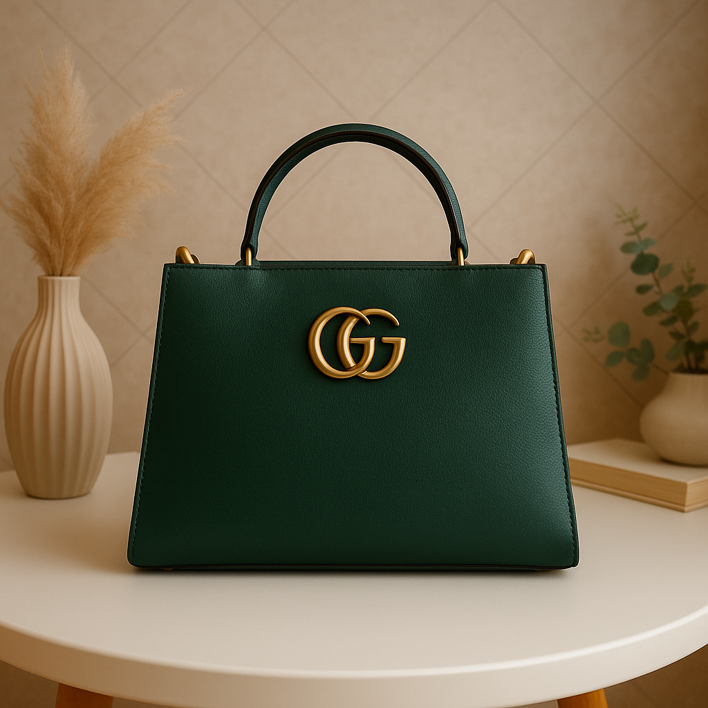 Premium Black Leather Handbag with Golden GG Logo | Luxury Women's Purse