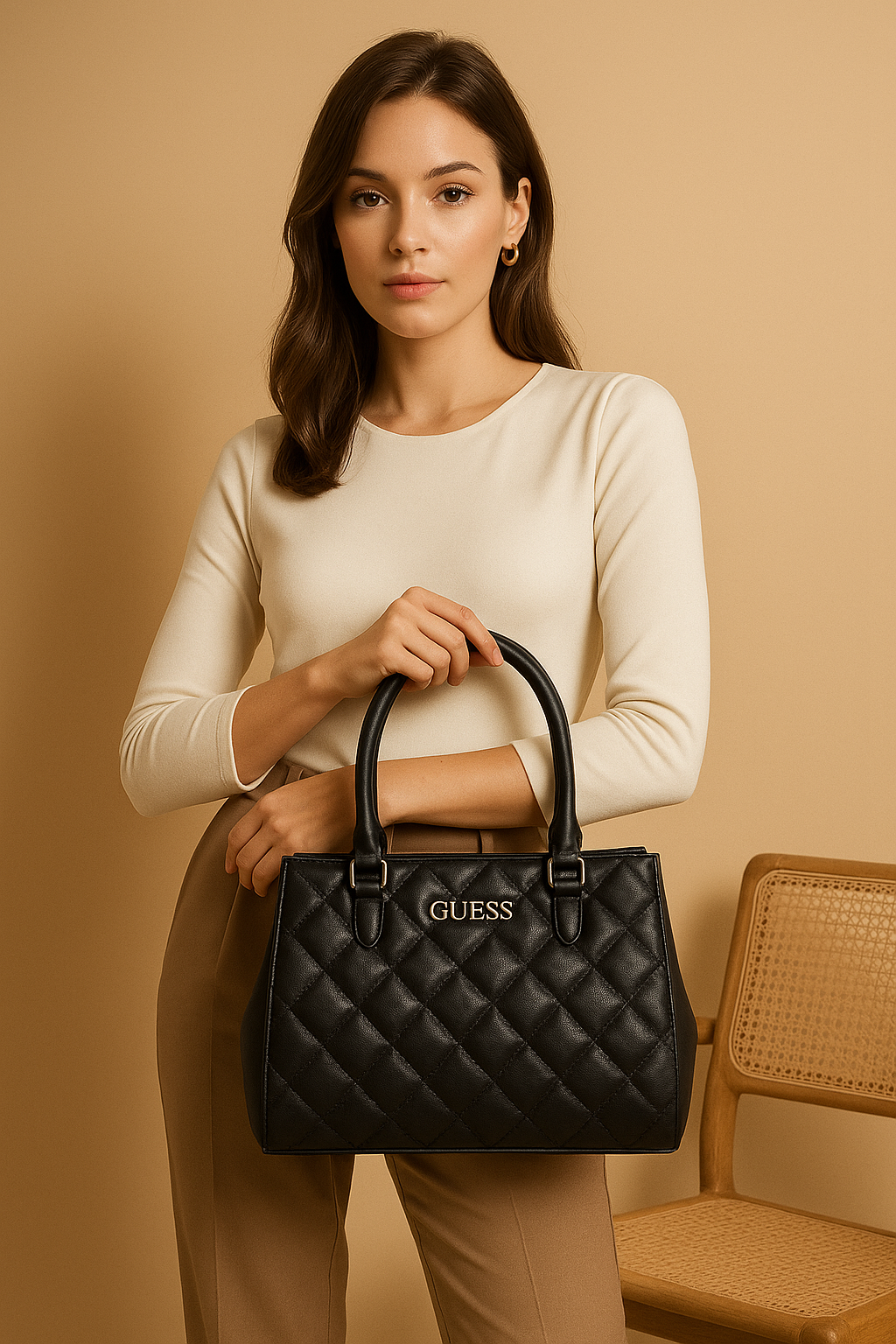 Guess Black Quilted Tote Bag for Women - Premium Leather Handbag