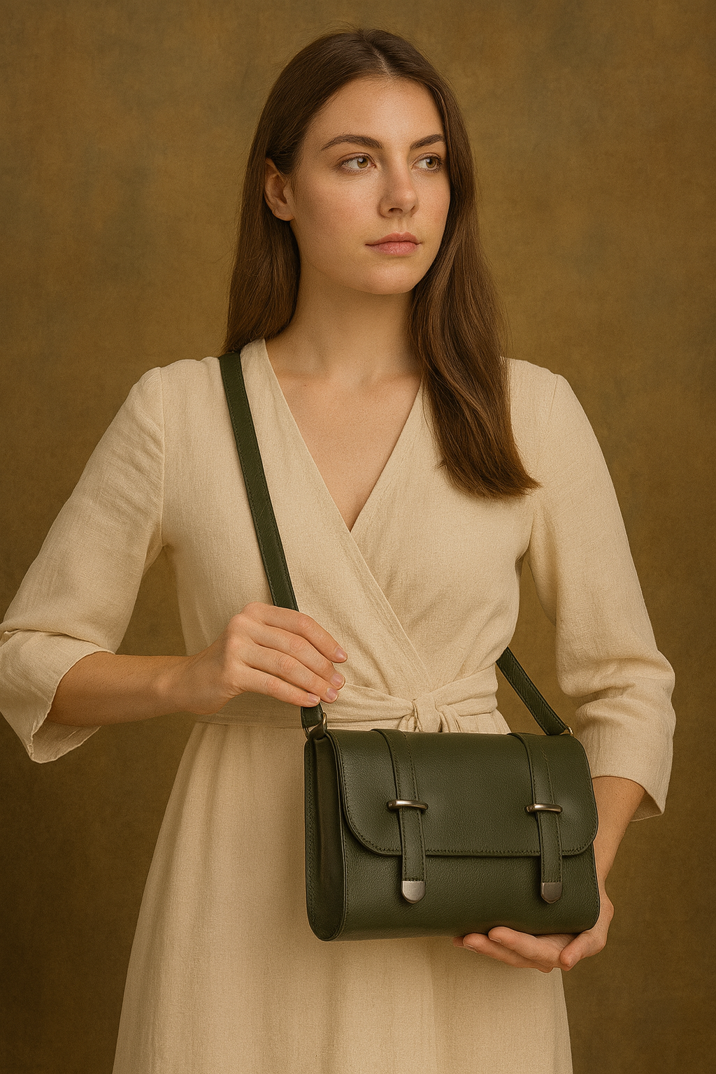 Stylish Olive Green Leather Satchel with Buckle Straps | Unisex Messenger Bag
