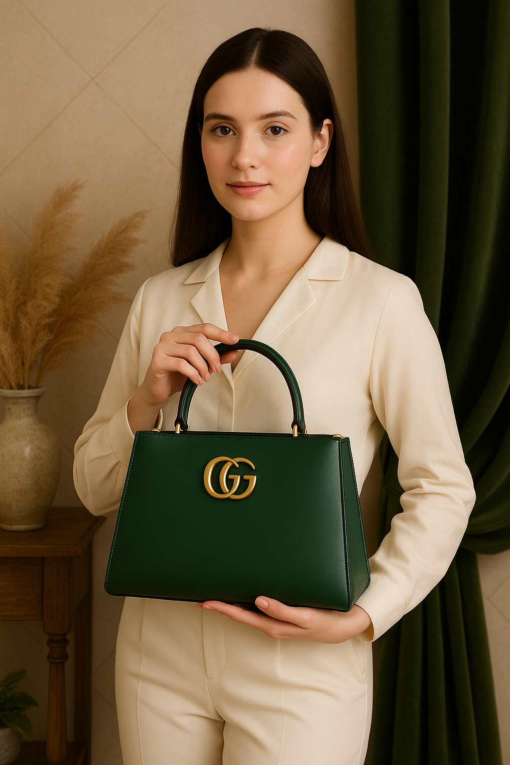 Premium Black Leather Handbag with Golden GG Logo | Luxury Women's Purse